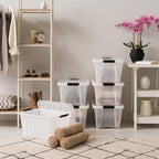 IRIS USA 32 Qt Stackable Plastic Storage Bins with Lids, 6 Pack - BPA-Free, Made in USA - Discreet Organizing Solution, Latches, Durable Nestable Containers, Secure Pull Handle - Pearl