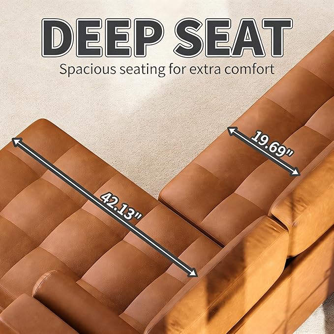 GarveeHome 88.9" L-Shape Sofa with Convertible Chaise, Sectional Leather Sofa with Deep Seat, Mid-Century Modern Sofa for Living Room, 3 Seat Leather Couch, Cognac Tan