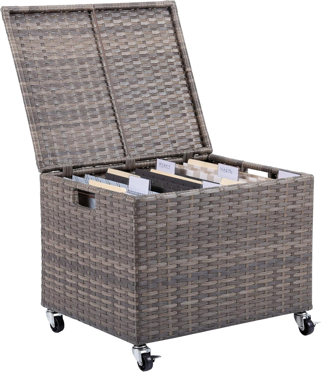 BIRDROCK HOME Rolling File Box - Storage Cabinet with Wheels - Weatherproof Rattan-Style Resin Deck Chest for Garden, Home and Office - Organize Cushions, Toys, and Accessories - Storage Box - Tan
