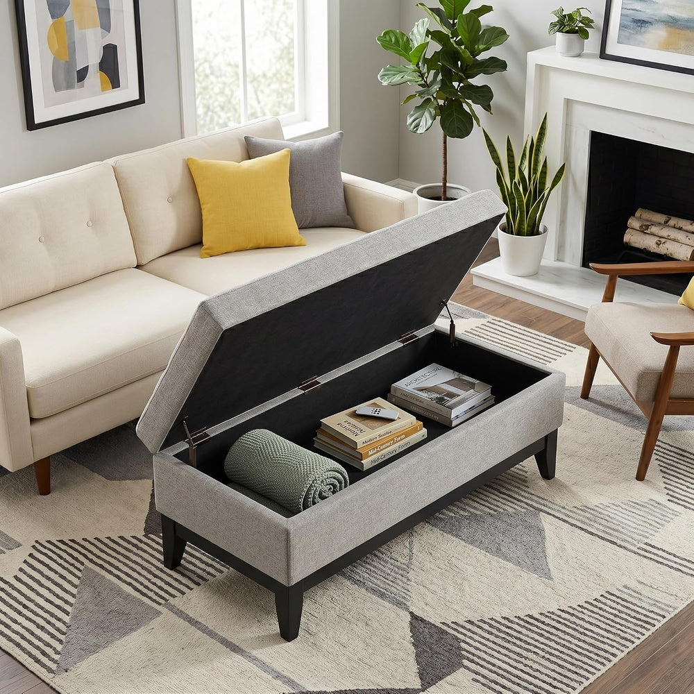 SIMPLIHOME Oregon 42" Wide Linen Look Fabric Storage Ottoman in Cloud Grey