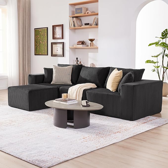 107.4" Cloud Couch Sectional, Modular Sofa with Deep Seat, Plush Corduroy L Shaped Boneless Couch, Convertible Sectional Couches for Living Room, 4Seat, Black