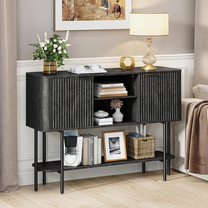 Fluted Console Table with Storage, 47" Long Entryway Table with with 2 Door Cabinets and Open Storage Shelf, Wood Sofa Table Behind Couch for Hallway Entrance Foyer Living Room, Black Grey