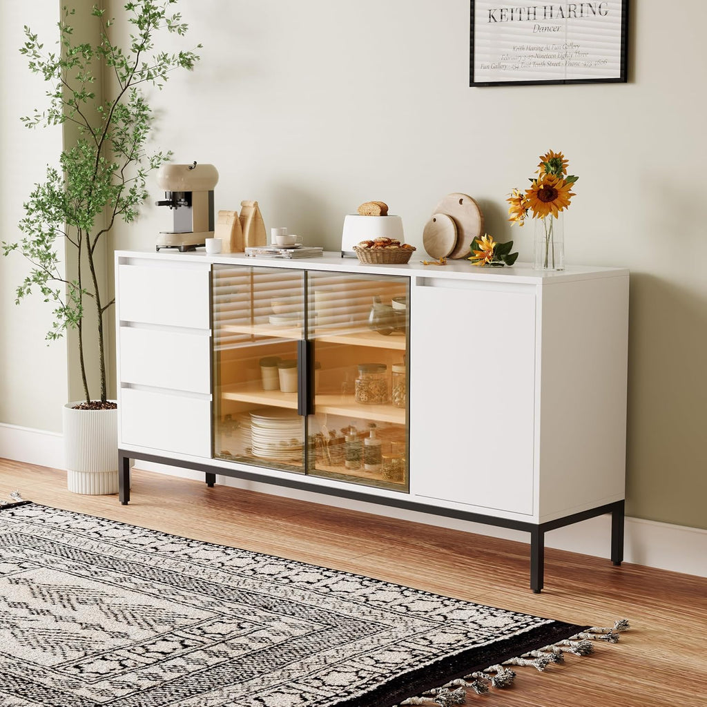 Freestanding Storage Cabinet with 3 Dawers, 3 Shelves, Single Door & French Door, Rectangular Wood Kitchen Pantry, Modern Minimalist, for Living Room, Dining Room, White
