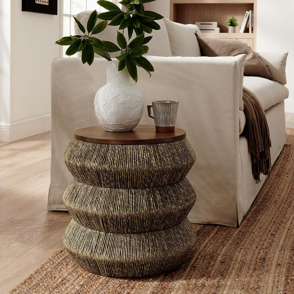 Modway Maris Hand-Woven Seagrass and Wood Round Side Table – 18 Inch Drum End...