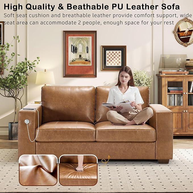 Hanherry Faux Leather 70" Sofa for Living Room, Modern Comfy Sofa with Medium Firm Seat Cushion, Removable Cover,Wide Armrest,USB/Type-C Port,Couches for Small Space,Apartment