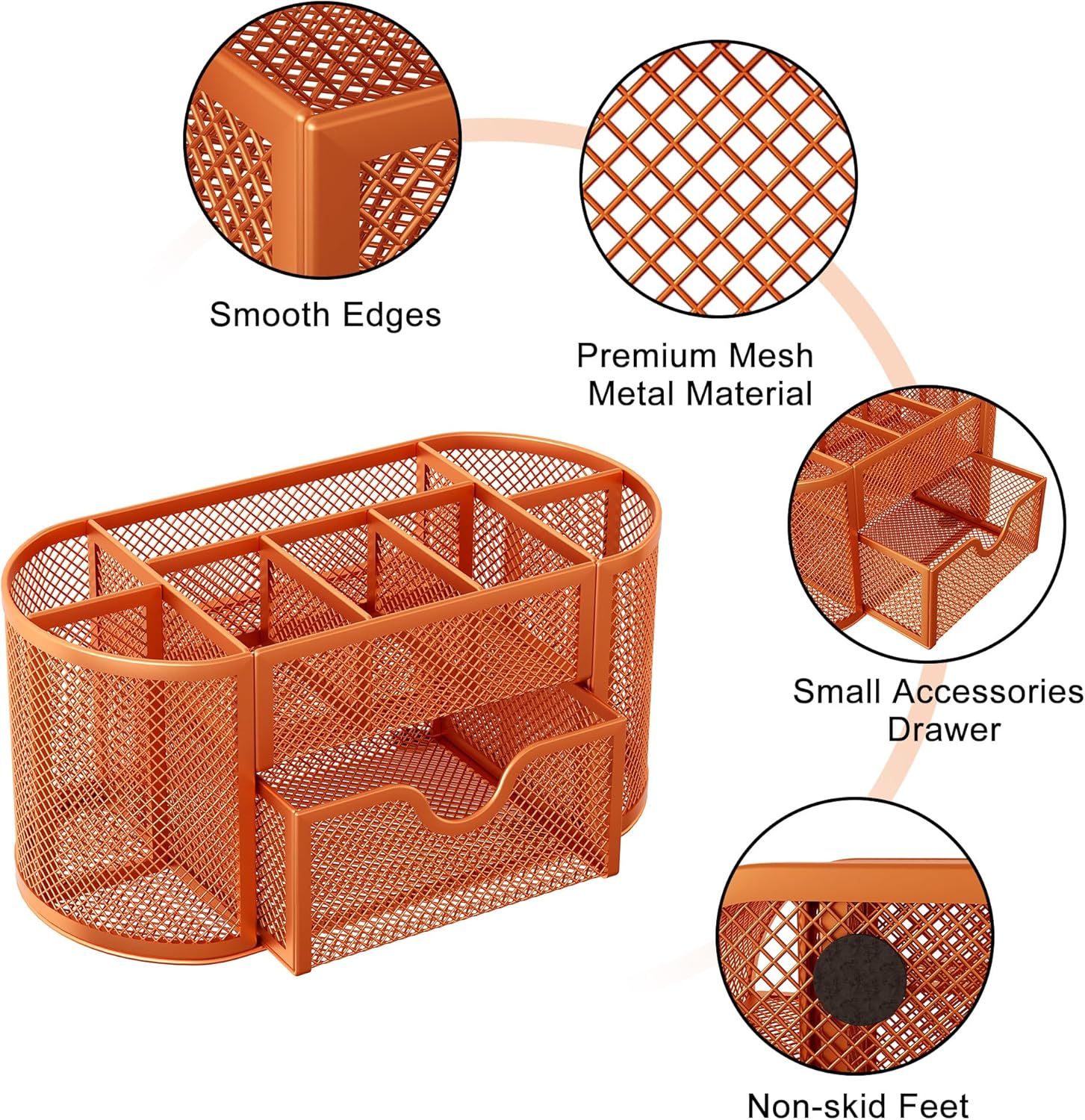 EasyPAG Mesh Pen Holder Desk Organizer with Drawer Stationery Supplies Organizer for Dorm School 9 Compartments Workspace Desk Accessories Organization for Office, Orange