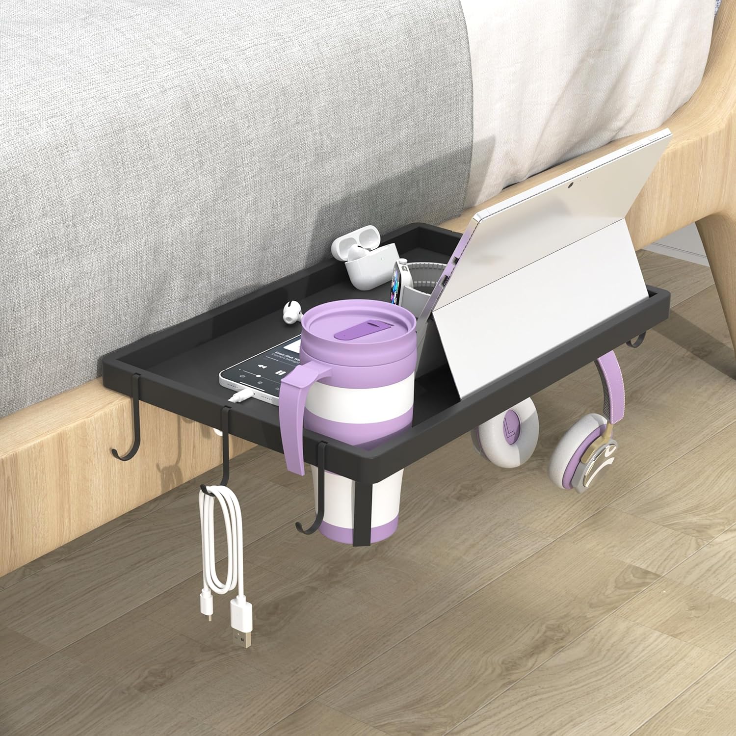ANYHI Bedside Shelf for Dorm Room Bunk & Top Bunk, Aluminum Clip On Nightstand, Floating Bed Shelf, Hanging Table, Bed Side Shelf with Cup Holder, 6 Hooks, College Dorm Room Essentials, Black