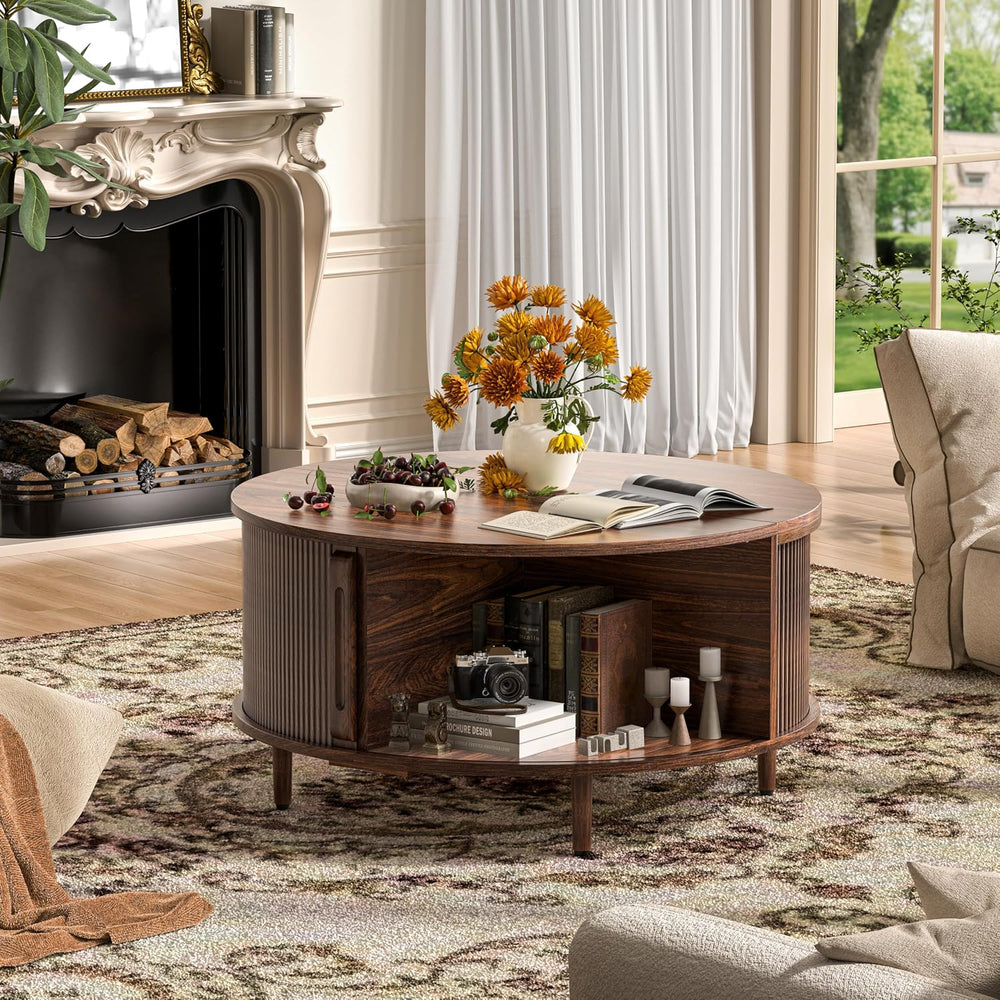 Round Coffee Table, 31.5" Fluted Center Table with Storage, Lift-Top Cof...