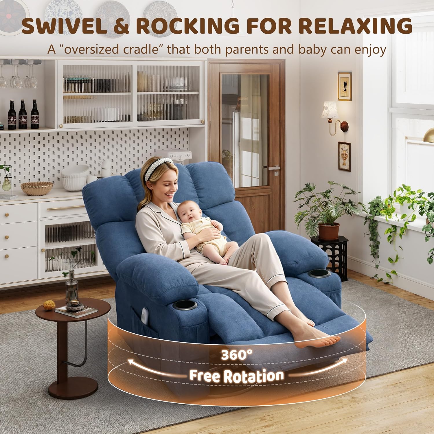 Oversized 360° Swivel Massage Rocker Recliner Chair, Massage & Heat, Blue | Vibration Massage, USB Charge Port, 4 Pockets 2 Cup Holders, Comfy Rocking Recliners for Living Room & Bedroom, Reading Chair