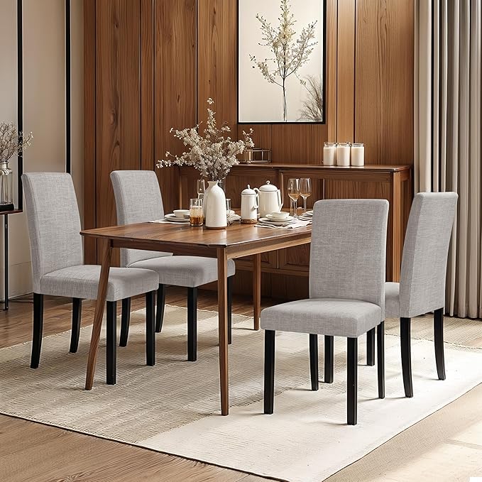 CHUN YI Upholstered Dining Chairs Set of 2, Fabric Dining Room Chairs with Solid Wood Legs, Modern Parson Chairs for Kitchen, Restaurant, Hotel, Light Gray