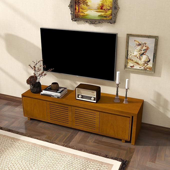Ball & Cast 63" Mid-Century Modern Extendable TV Stand TVs up to 75", Expandable Media Console with Slatted Doors & Concealed Storage, Wood Grain Entertainment Center for Living Room,Brown Ebony