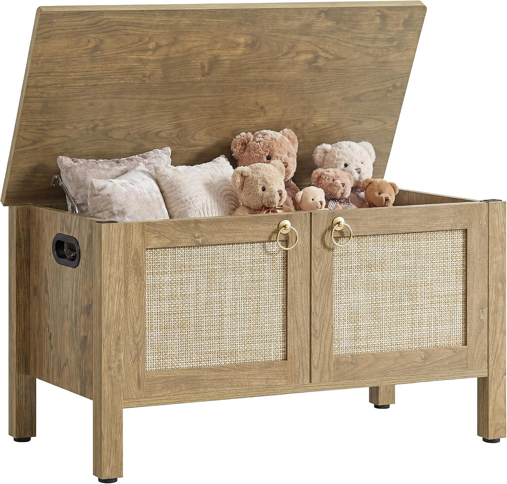 SICOTAS Rattan Storage Bench Boho Storage Chest with 2 Safety Hinges | Wood Storage Truck Box for Bedroom, Living Room, Entryway, Supports 220 lb