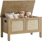 SICOTAS Rattan Storage Bench Boho Storage Chest with 2 Safety Hinges | Wood Storage Truck Box for Bedroom, Living Room, Entryway, Supports 220 lb