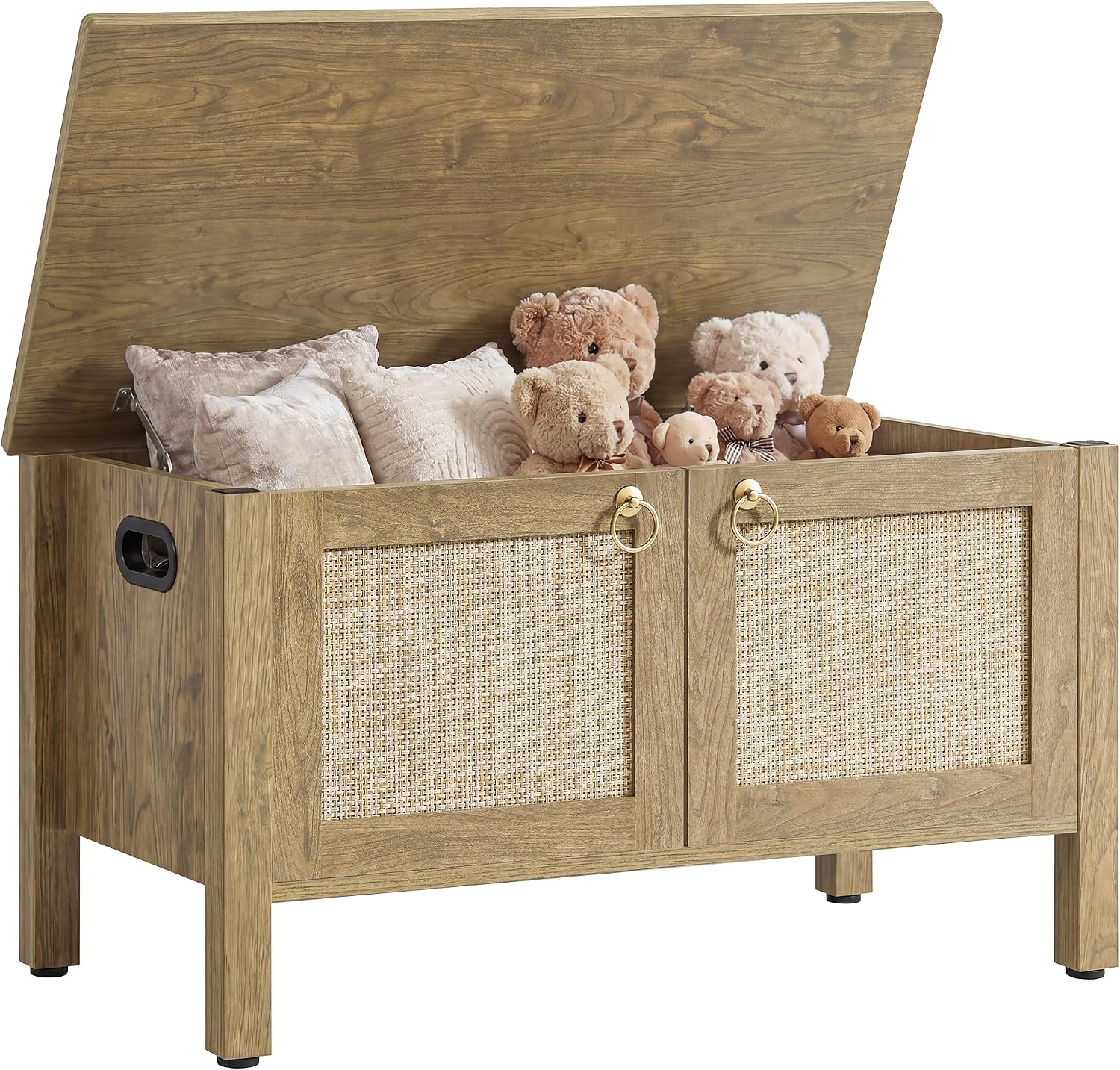 SICOTAS Rattan Storage Bench Boho Storage Chest with 2 Safety Hinges | Wood Storage Truck Box for Bedroom, Living Room, Entryway, Supports 220 lb