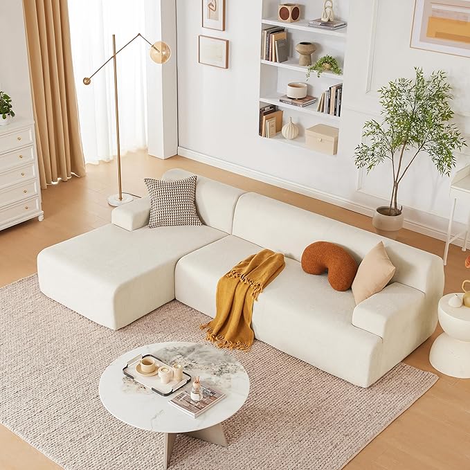 107" Modular Sectional Cloud Couch, Boneless couches Sponge sectionals for Living Room, High Density Sponges Sofa, Modular L-Shape with Chaise, Beige