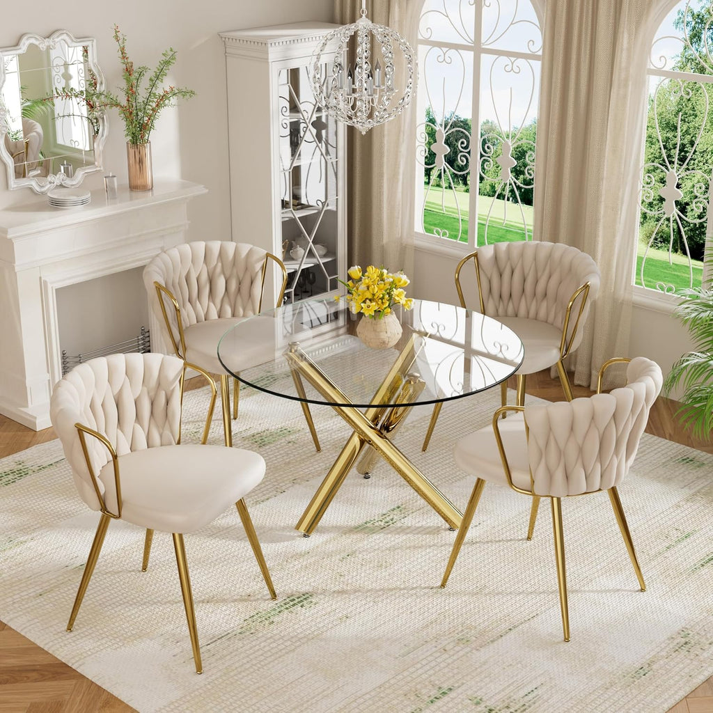 39'' Round Glass Dining Table Set for 4, 5-Piece Modern Dining Room Table Set, Circle Kitchen Table Set with 4 Beige Velvet Dining Chairs for Dining Room Cafe & Breakfast Nook, Gold Base