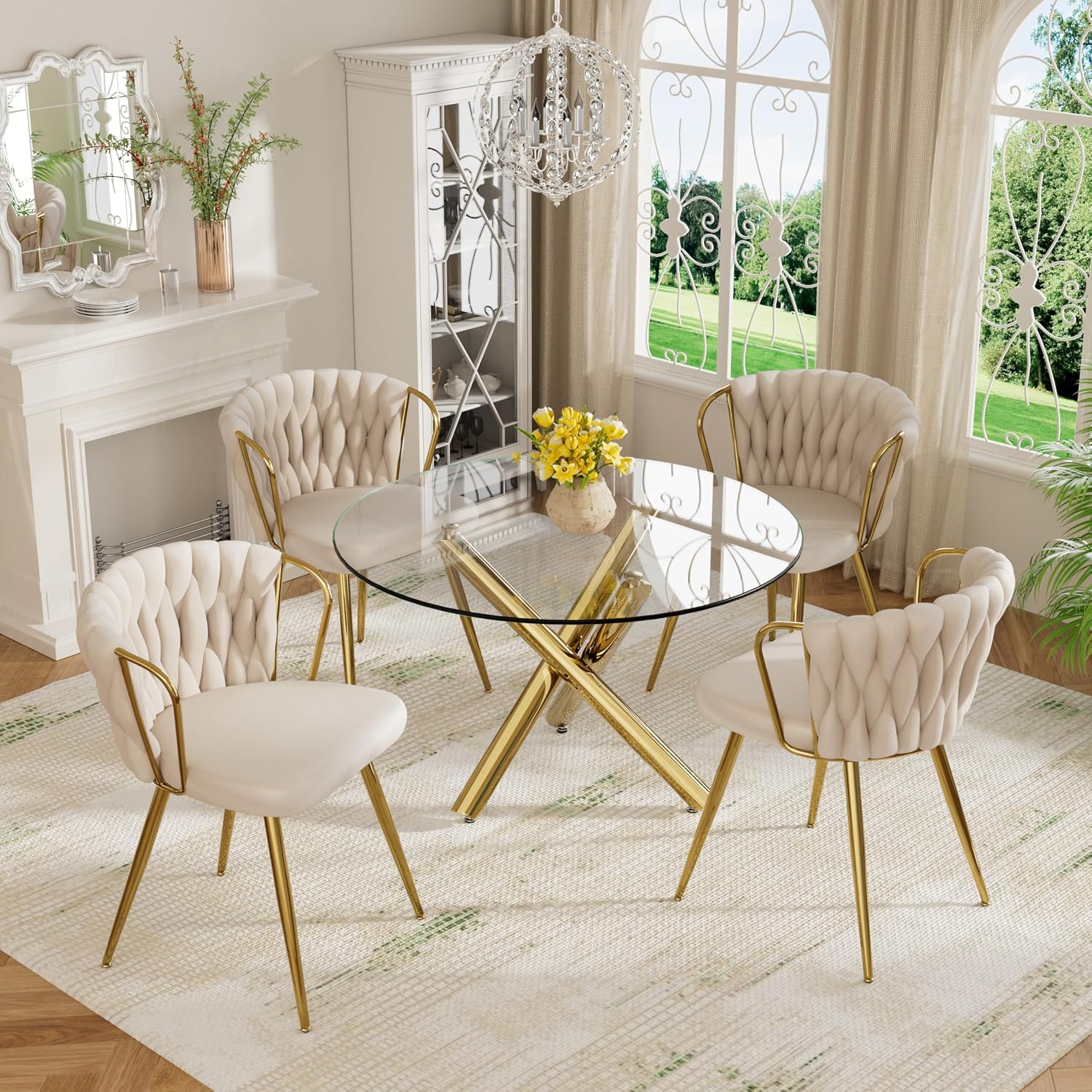 39'' Round Glass Dining Table Set for 4, 5-Piece Modern Dining Room Table Set, Circle Kitchen Table Set with 4 Beige Velvet Dining Chairs for Dining Room Cafe & Breakfast Nook, Gold Base