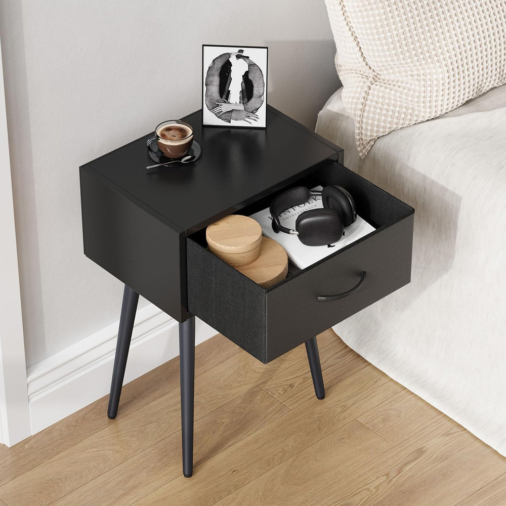 Small Black Nightstands Set of 2, Bedside Table with Fabric Drawer, Modern En...