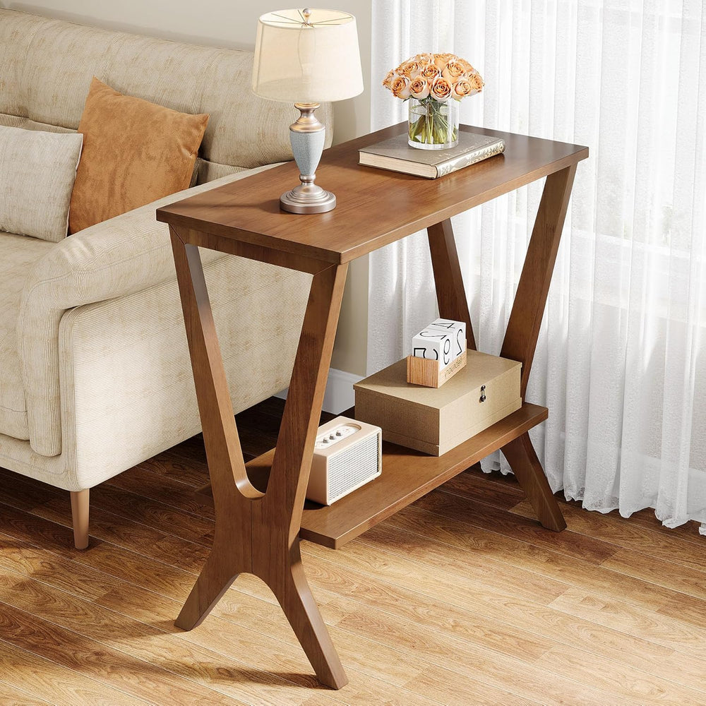 Solid Wood End Table for Living Room, 2-Tier Storage Shelves Sofa Couch Side ...