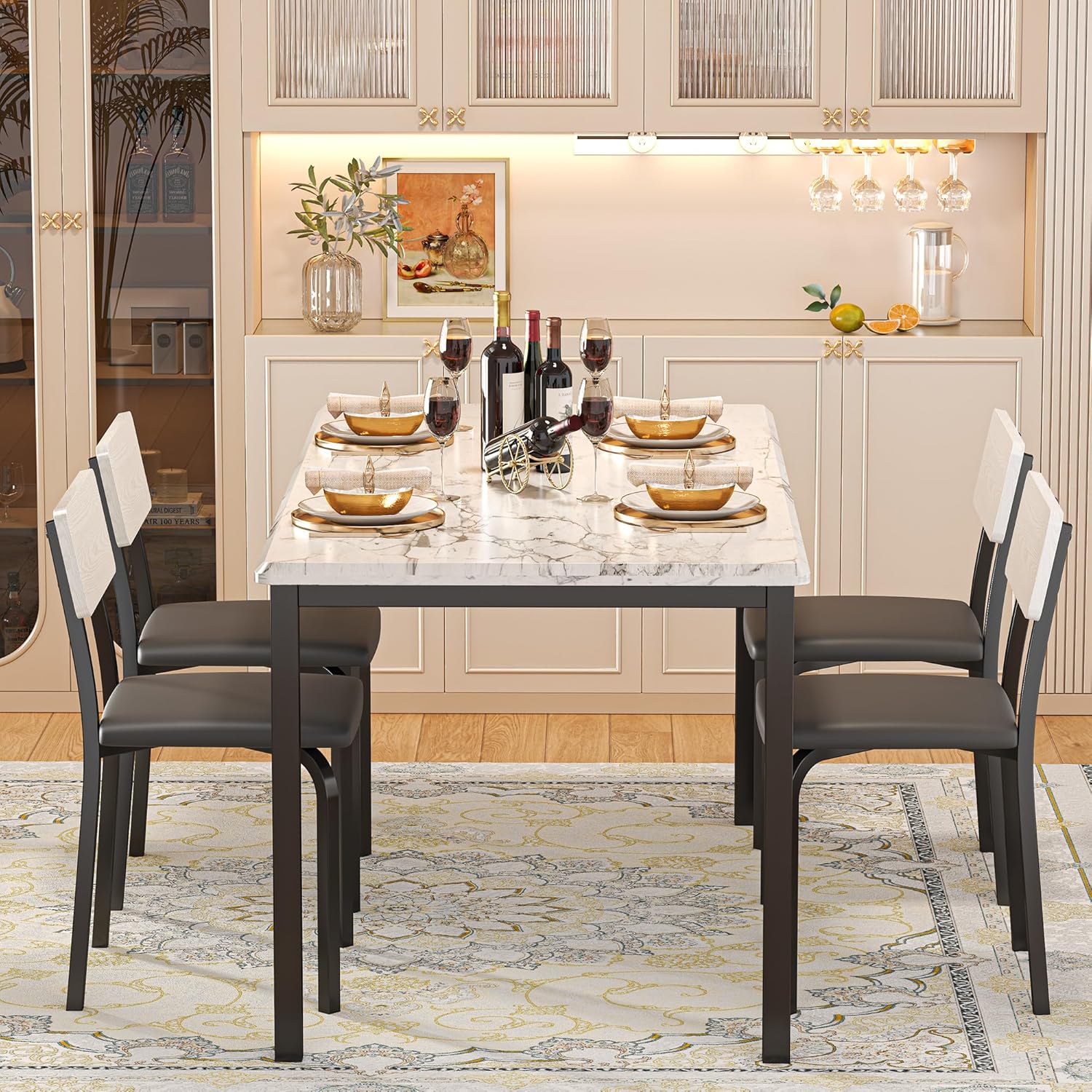 IRONCK 5-Piece 63" Extendable Dining Table with 4 Upholstered Chairs, Kitchen Table Set for 4-8 People, Dining Room Sets with MDF Wood Board, Drop Leaf Table Design for Space Saving, Marple White