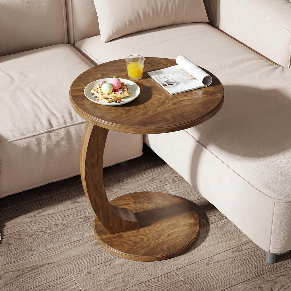 Tribesigns C Shaped End Table, Round Wood Side Table, Mid-Century Modern Styl...