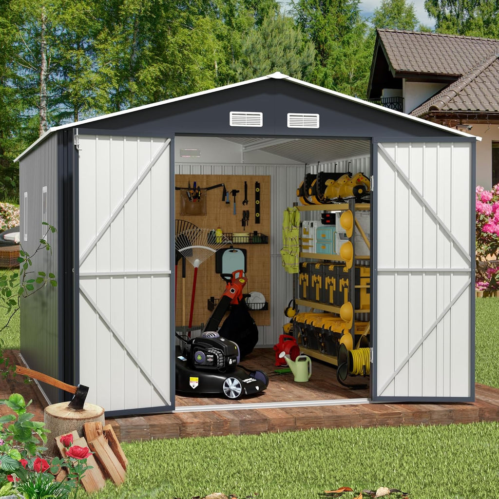 Breezz Outdoor Storage Shed 10 x 12 ft. Utility Tool Shed Metal Storage Garden Shed with Lockable Doors, Windows for Patio Storage, Nightblue