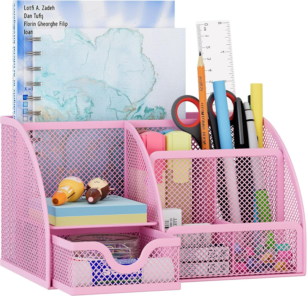 EasyPAG Mesh Desk Organizer with Drawer Multi-functional Pen Holder Stationery Organizer for Office School Supplies 6 Compartments Dorm Organizers and Storage for Desk, Light Pink