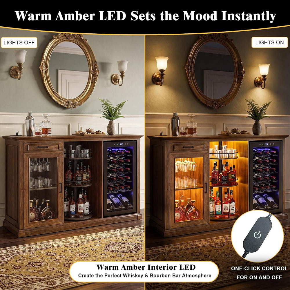 GDLF 60.2-Inch Home Bar Cabinet with Fridge Space, Warm Amber LED, Walnut