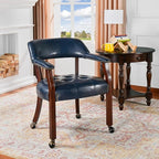 LEEMTORIG Large Dining Chairs with Casters and Arms, Rolling Dining Chairs with Wheels, Solid Wood Boss Caption's Chairs Office Desk Chairs, 26"D x 25.2"W x 31.5"H, Cherry Legs & Blue PU SY-1533-LB