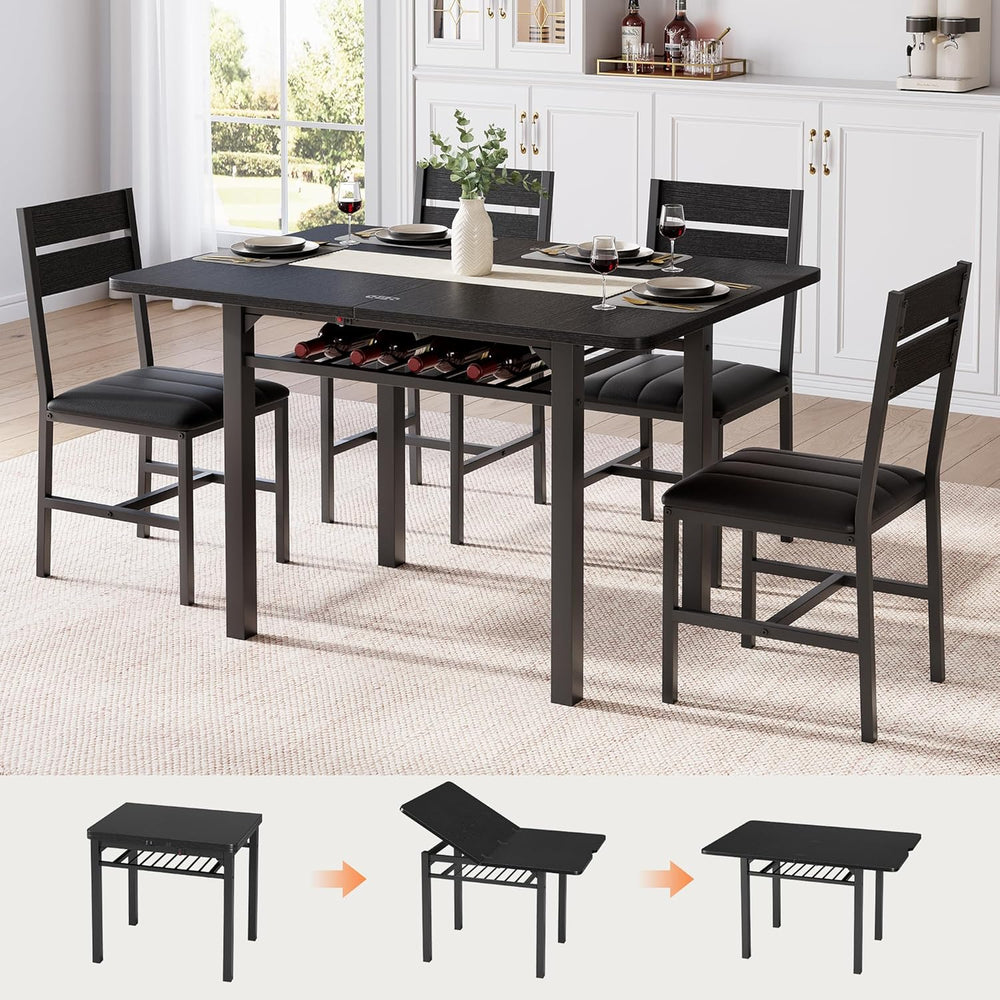 MapleGrace Extendable Dining Table Set for 4 with Built-in Shelf Rack Black
