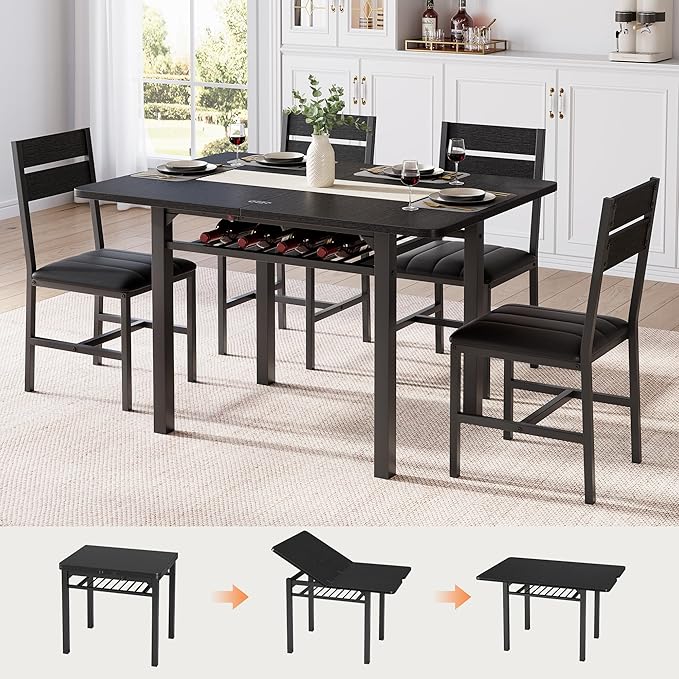 Dining Table Set for 4, Extendable Kitchen Table with 4 PU Leather Upholstered Dining Room Chairs, Wood Kitchen Table Set with Built-in Storage Rack for Dining & Small Spaces, Black