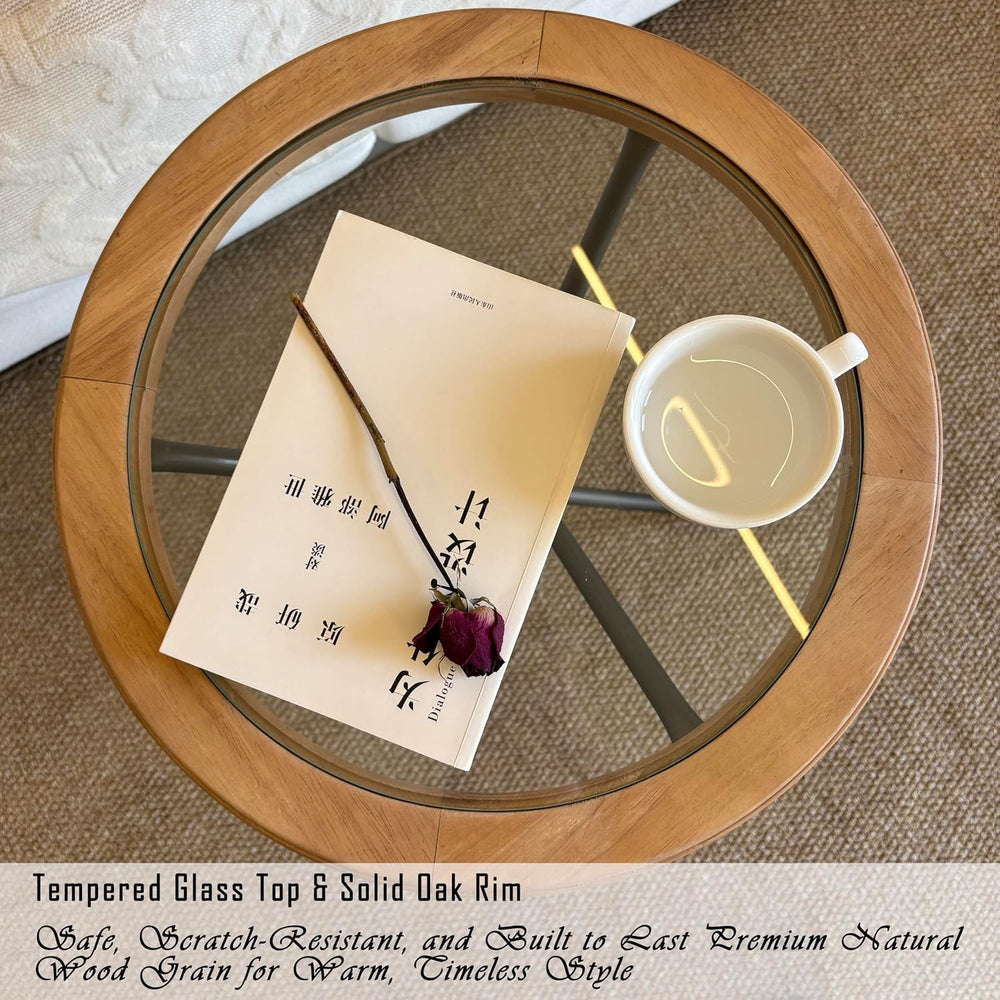 Premium Round Solid Wood Glass Top Side Table, Mid-Century Modern Industrial ...