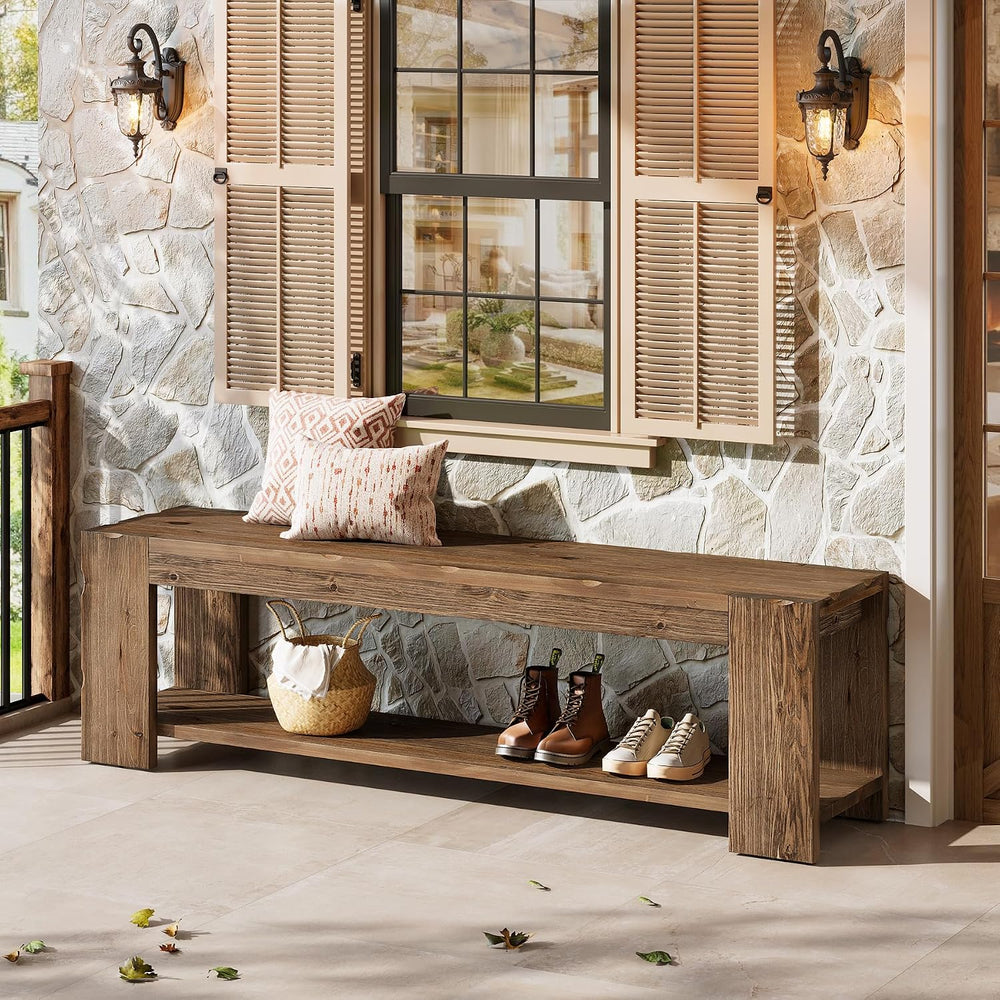 Solid Wood Entryway Bench with Storage Shelf, 55.12-Inch 2-Tier Wood Shoe Ben...