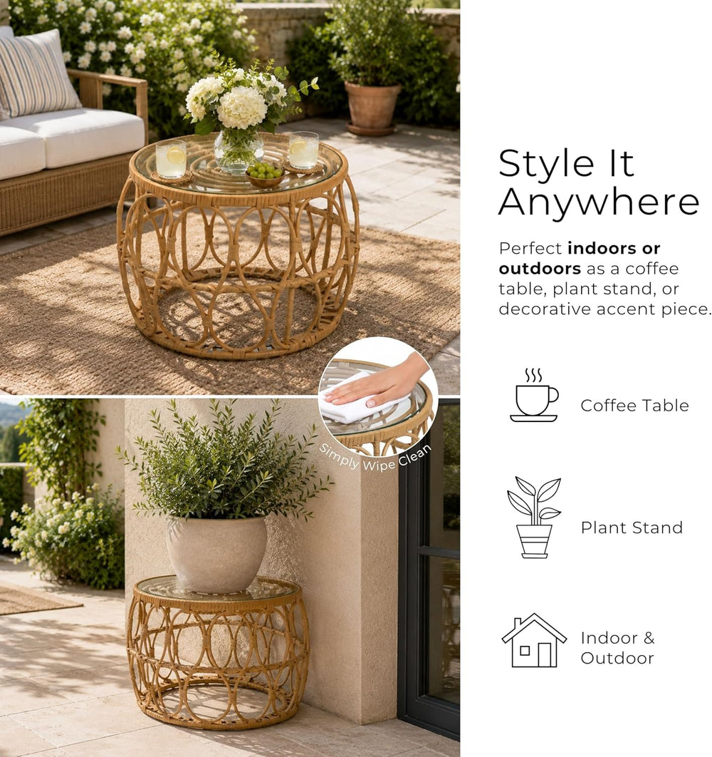 Furniture of America Ysar Boho Rattan Round Coffee Table Outdoor with 5mm Tem...