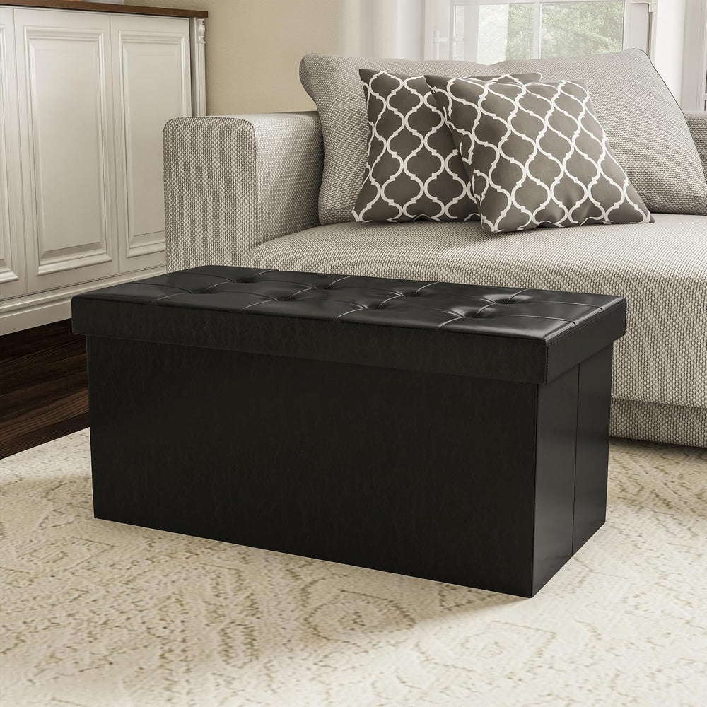 Lavish Home Storage Ottoman - 30-Inch Folding Faux Leather Footrest, Linen Ch...