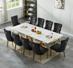 94.5" Large Marble Dining Table Set for 10, Luxury White Gold Kitchen Table with 10 Black Velvet Dining Chairs, Modern Fuax Marble 11-Piece Dining Room Table Set for 10 w/Stainless Steel U-Base