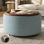 Round Storage Ottoman Coffee Table with Walnut Tray, 30'' Round Ottoman with Storage, Modern Upholstered Coffee Table with with 4 Casters for Living Room, Linen Fabric, Light Blue