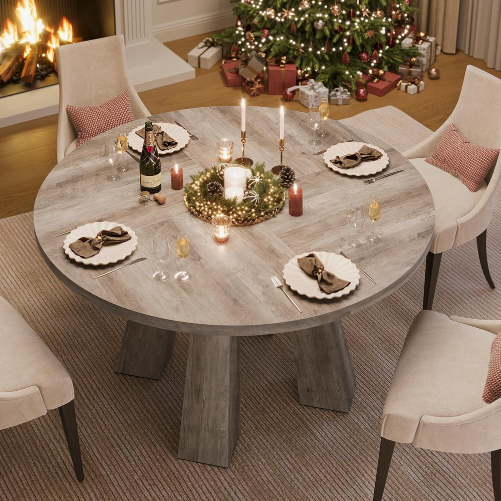 IDEALHOUSE 47" Round Dining Table for 4-6, Wood Kitchen Table with Sturd...