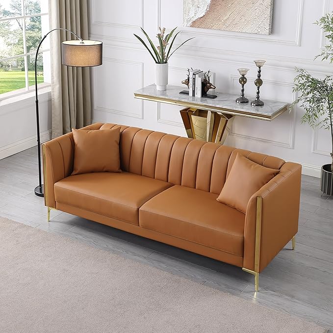 FOTOSOK Leather Couch Sofa, Office Couches 78'' Apartment Faux Leather Sofa with 2 Throw Pillows & Gold Metal Legs, Waterproof 3 Seater Couches for Small Living Room, Affordable Luxury Design