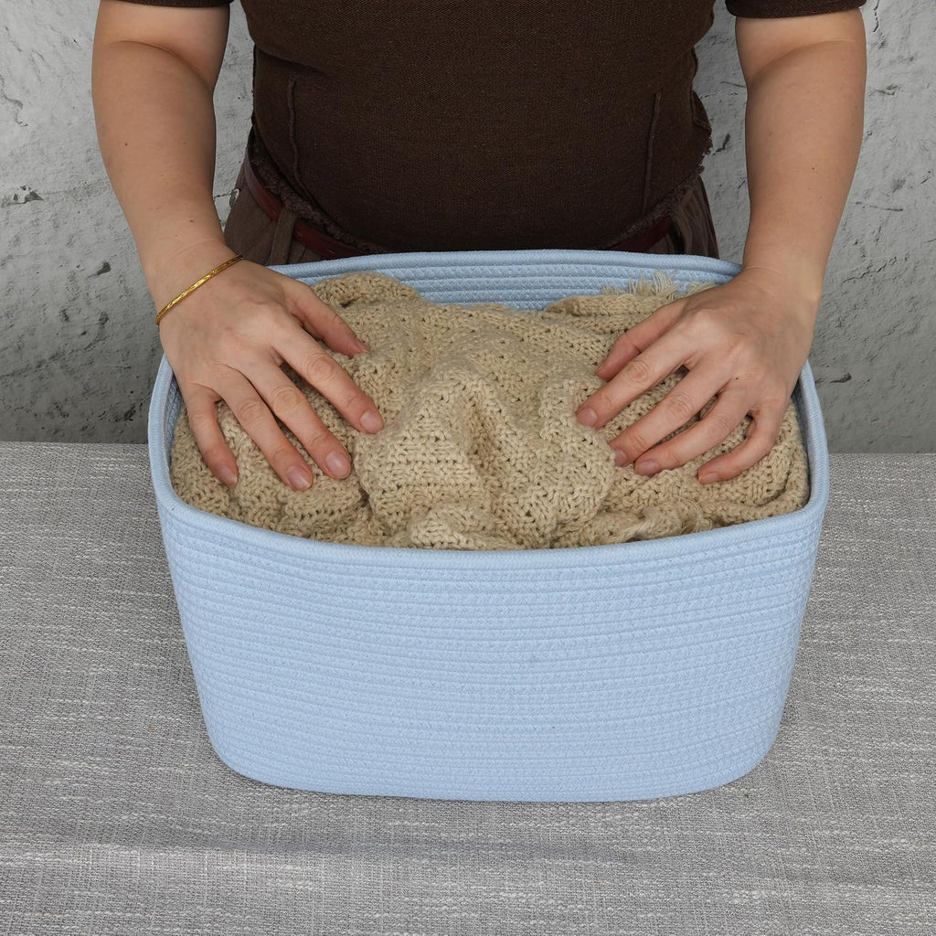 XUANGUO Woven Cotton Rope Storage Baskets 15x10x9.3" 3 Pack Light Blue | Decorative rectangular storage baskets for shelves and closets; storage bins organize clothes, toys, books and nursery items.