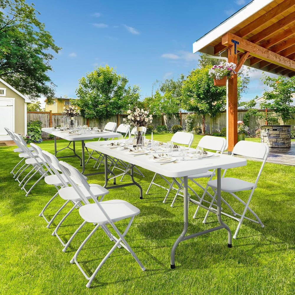 Bonnlo 2P Folding Table 6ft, Portable Collapsible Plastic White Long Tables f...