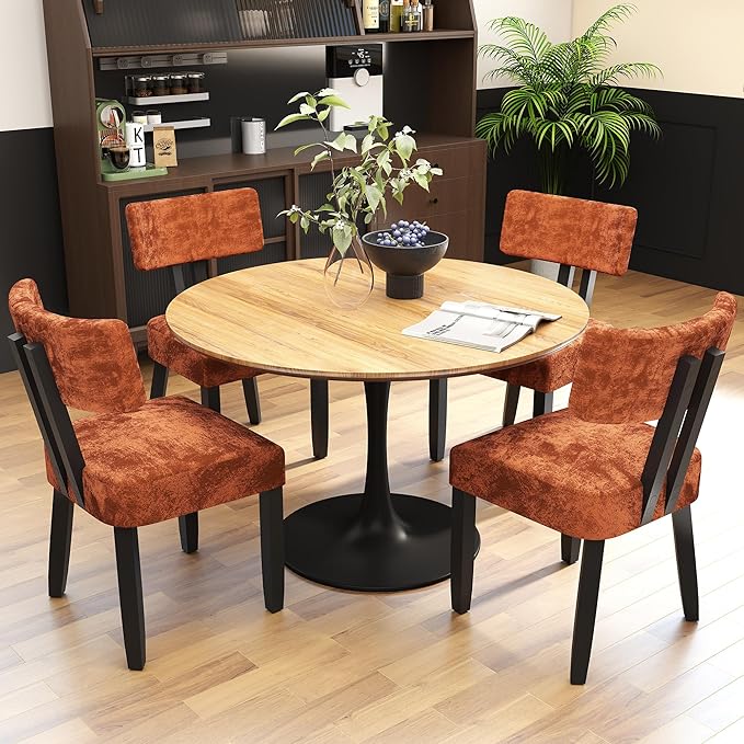 GOTMINSI Mid Century Modern Dining Chairs,Velvet Farmhouse Upholstered Kitchen Chairs, Accent Curved Backrest Dining Room Chairs with Hardwood Legs (Caramel, 4PCS)