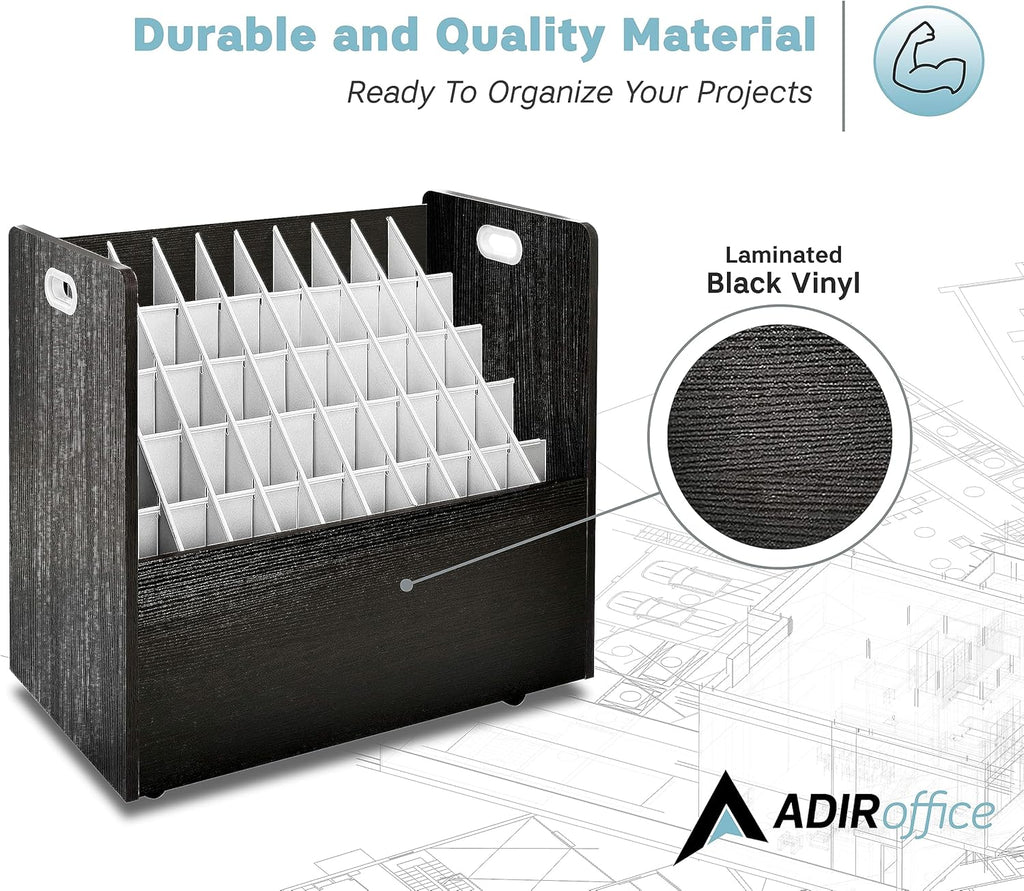 Adir Blue Print Storage Organizer - Mobile Roll File Cart, Construction Plan Holders, Blueprint Cabinet with Wheels, Roll Files Storage for Office and Home (50 Slots, Black)