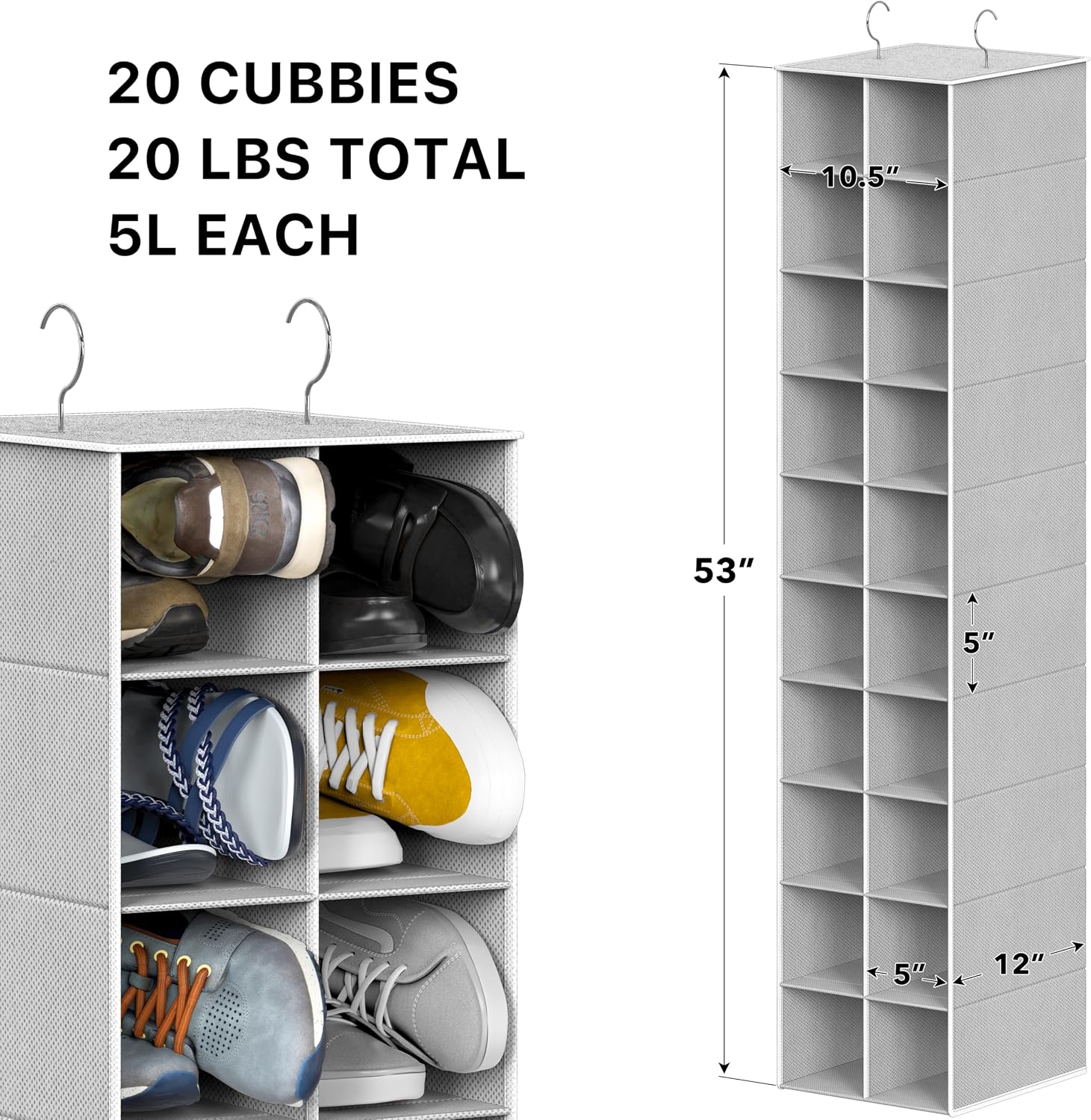 Simple Houseware 20 Section Shelves Hanging Shoes Organizer, Gray | Dual Metal Hooks, 10 Tier, Holds Up to 20 lbs, for Narrow Space