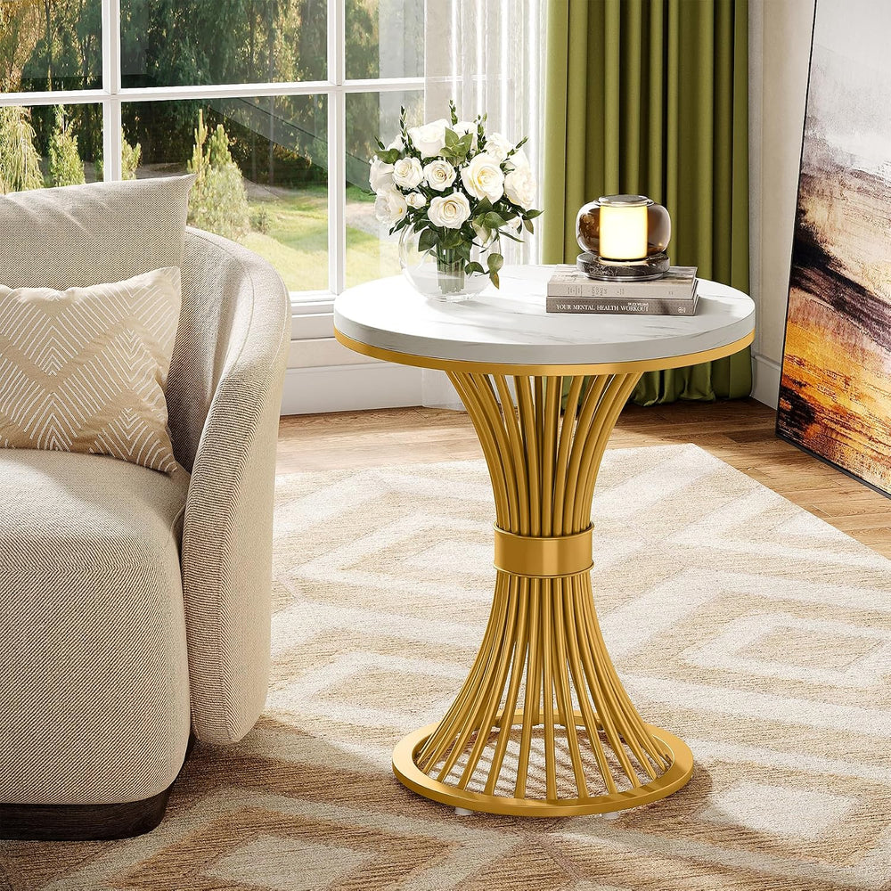 Tribesigns Round End Table, Modern Faux Marble Side Table with Gold Metal Bas...