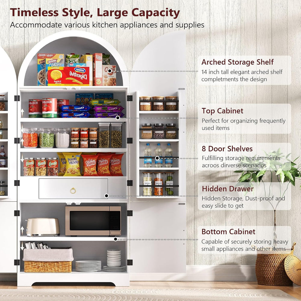 72" Arched Kitchen Pantry Cabinet with Fluted Doors, Tall Freestanding V...