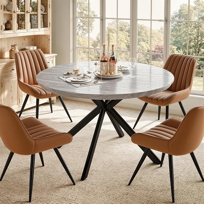 47.2" 5-Piece Round Dining Table Set for 4, Modern Wood Dining Table with 4 Upholstered Chairs, Kitchen & Dining Room Table Set with Metal Base for Apartment, Small Space, Grey Table+4 Brown Chairs