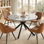 47.2" 5-Piece Round Dining Table Set for 4, Modern Wood Dining Table with 4 Upholstered Chairs, Kitchen & Dining Room Table Set with Metal Base for Apartment, Small Space, Grey Table+4 Brown Chairs