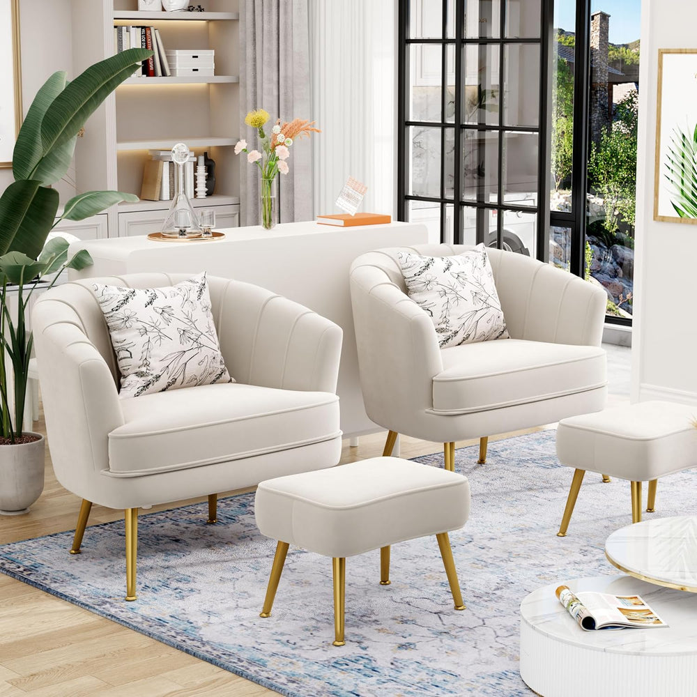 Andeworld Velvet Accent Chair with Ottoman, Barrel Armchair, Beige | Velvet U...