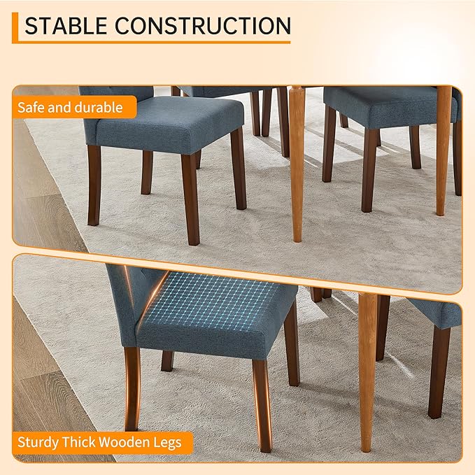 Upholstered Dining Chairs Set of 2, Button Tufted Parsons Chairs with Wood Legs and Padded Seat, Modern Fabric Side Chairs for Dining Room Kitchen Farmhouse Hotel, Blue